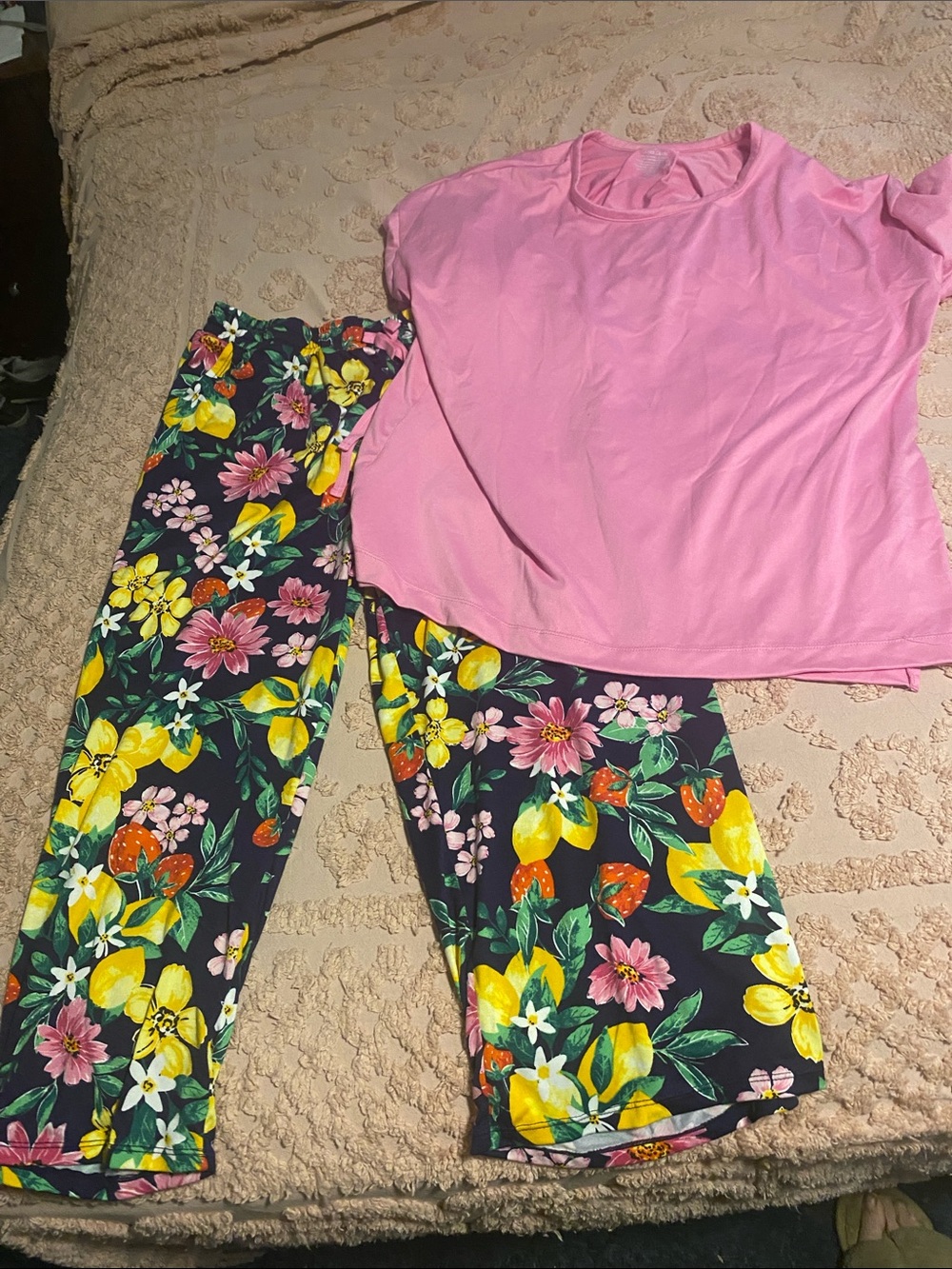 Cuddl Duds Yellow Floral Pajama Bottoms and Pink Shirt Set